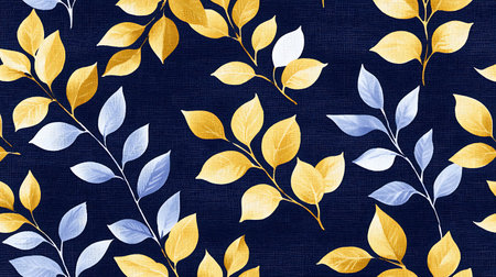 Seamless floral pattern with yellow and blue leaves on navy blue backgroundの写真素材