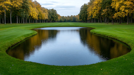 Golf course in autumn with green grass and reflection in pond.の写真素材