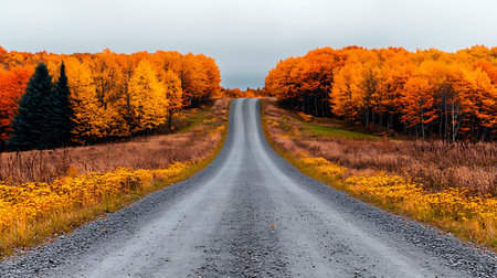 Autumn landscape with asphalt road and colorful forest in cloudy day.