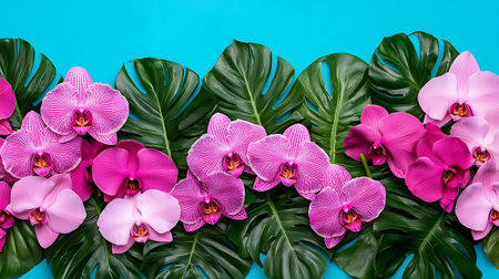 Tropical orchids and monstera leaves on blue backgroundの写真素材