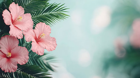 Pink hibiscus flowers with green palm leaves on blue backgroundの写真素材