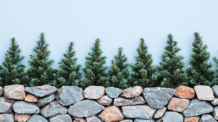 Trees on stone wall with blue background and copy space.の写真素材