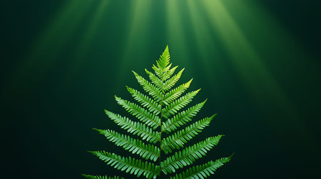 Fern leaf on a dark green background with rays of light.の写真素材