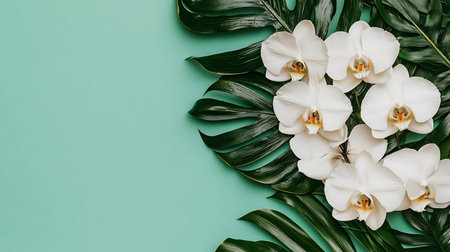 White orchid flowers on green background with tropical leaves. Flat lay, top view.の写真素材