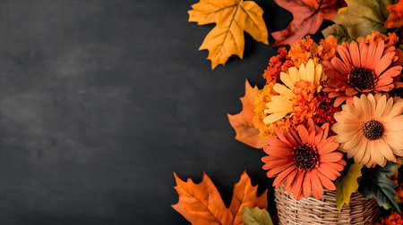Autumn background with flowers and leaves, top view, copy space