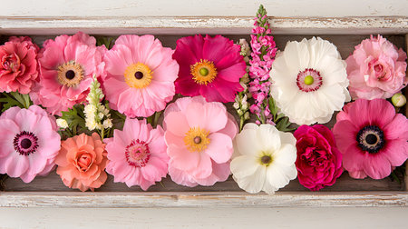 Pink and white anemones and ranunculus flowers in wooden box