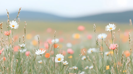 Field of daisies on the background of the mountains. Selective focus.