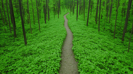 beautiful green forest background in the morning with a path in the middleの写真素材