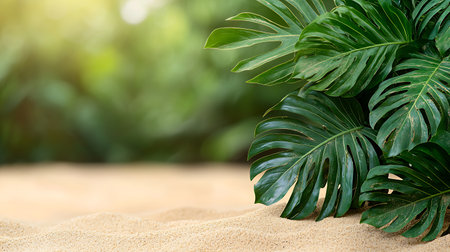 Tropical leaves on sand beach with sun light. Summer backgroundの写真素材