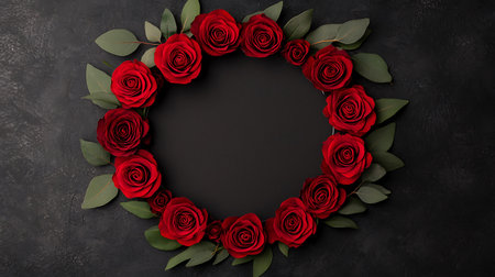 Red roses on black background. Flat lay, top view, copy spaceの写真素材