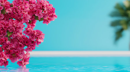Pink bougainvillea flowers in swimming pool on blue backgroundの写真素材