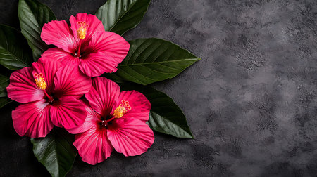 Pink hibiscus flowers on dark background. Top view with copy space