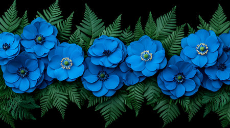Blue anemone flowers and fern leaves border on black backgroundの写真素材