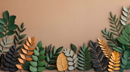 Creative layout made of leaves on brown background. Flat lay. Nature concept.の写真素材