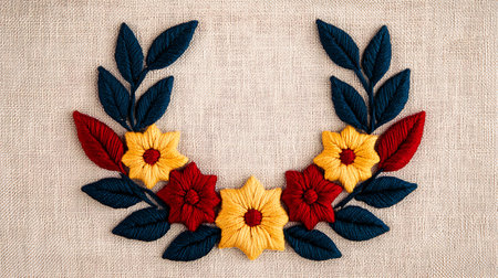 Wreath made of colorful flowers on linen background. Flat lay, top view.の写真素材