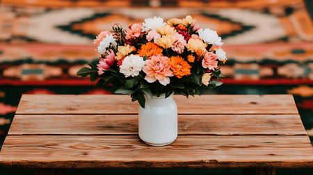 Bouquet of flowers in a vase on a wooden tableの写真素材