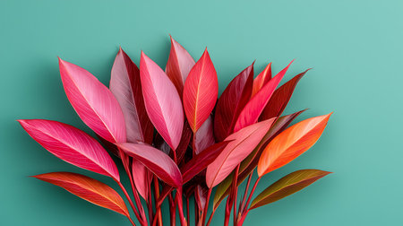 Bouquet of colorful leaves on a green background. Flat lay, top view.の写真素材