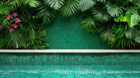 Swimming pool with green wall and tropical leaves background - Vintage filterの写真素材