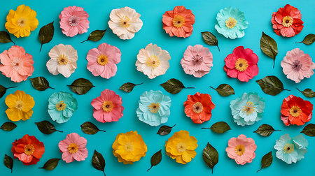 Flowers composition. Pattern made of colorful flowers on blue background. Flat lay, top view, copy spaceの写真素材