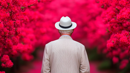 Rear view of senior man wearing white hat and sunglasses standing in front of blooming azalea...