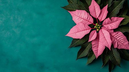 Top view of poinsettia flower on green background with copy spaceの写真素材
