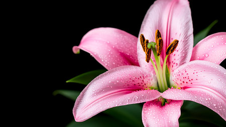 Pink lily flower with water drops isolated on black background. Close up.の写真素材