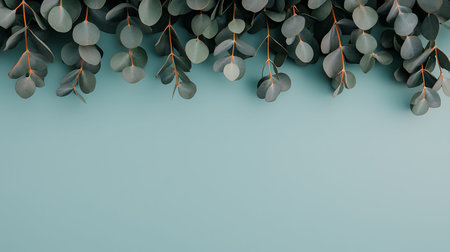 Eucalyptus branches on blue background. Flat lay, top view.