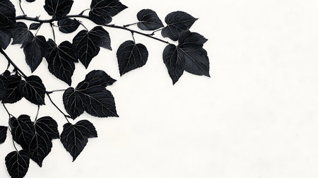 Black leaves on a white background. Copy space. Flat lay.の写真素材