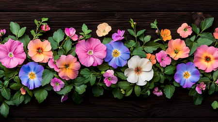 Colorful spring flowers on a dark wooden background. Flat lay, top view.