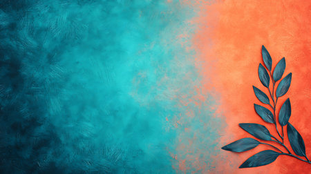 Blue and orange background with leaves and space for text. Top viewの写真素材