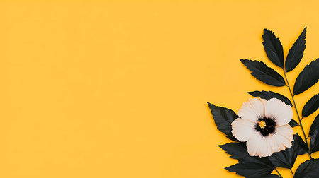Flowers composition. Hibiscus flowers on yellow background. Flat lay, top view, copy spaceの写真素材
