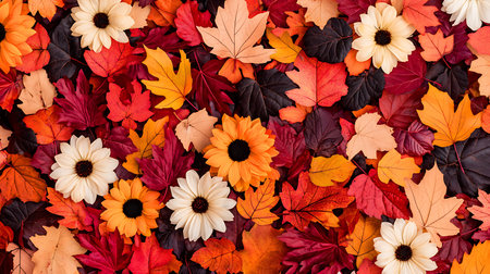 Autumn leaves background. Colorful autumn leaves background. Top view.の写真素材