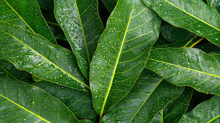 Green leaves background with water drops. Close up, top view.