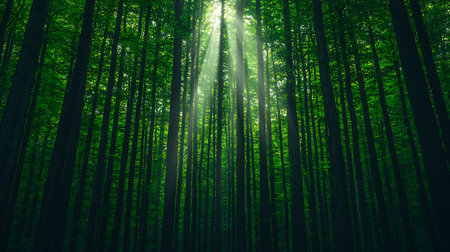 Sunlight in the green forest. Beautiful nature scene with sunbeamsの写真素材