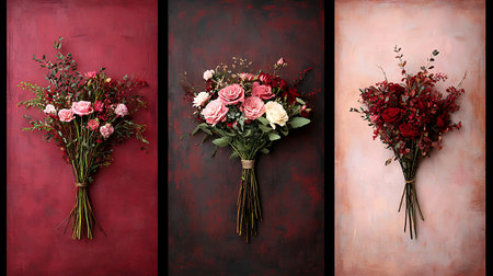 Three collage of beautiful bouquets of flowers on a red background