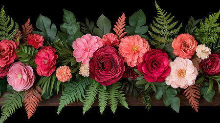 Floral arrangement with red and pink roses, green leaves and ferns.の写真素材
