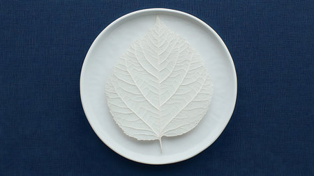 White leaf on a plate on a blue background, top view.