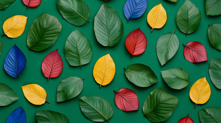 Creative layout made of colorful leaves on green background. Flat lay. Nature concept.