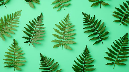 Fern leaves pattern on green background. Flat lay, top view