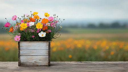 Colorful flowers in a wooden box on a table in front of a fieldの写真素材