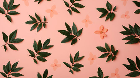 Flowers composition. Pattern made of green leaves and orange flowers on pink background. Flat lay,...