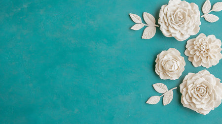 White paper flowers on turquoise background. Flat lay, top view.の写真素材
