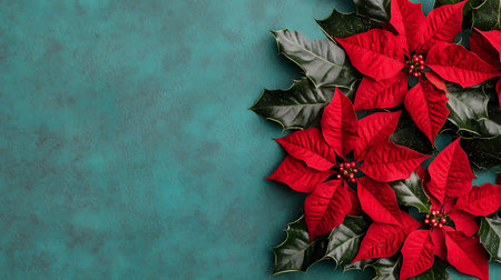 Christmas background with poinsettia flowers on turquoise backgroundの写真素材