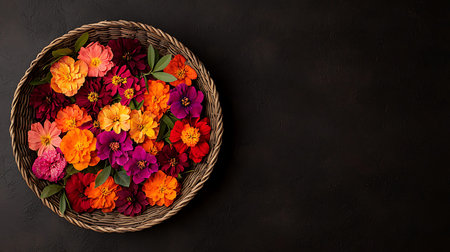 Colorful zinnia flowers in a basket on black background.