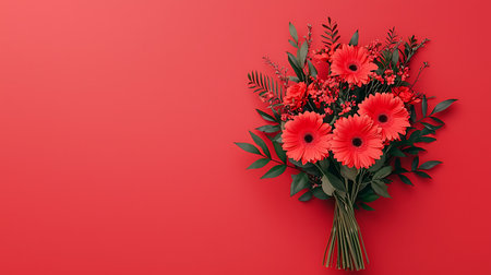 Bouquet of red gerbera flowers with green leaves on red background. Flat lay, top view, copy spaceの写真素材