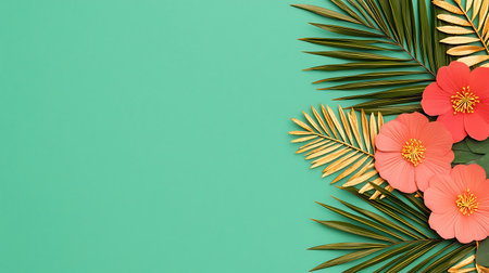 Flowers composition. Tropical palm leaves and hibiscus flowers on green background. Flat lay, top view, copy spaceの写真素材