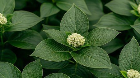 Green leaves and white flowers of Cornus sanguinea, also known as dogwood.の写真素材