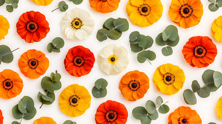 Flowers composition. Pattern made of flowers on white background. Flat lay, top viewの写真素材