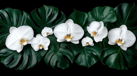 White orchids and monstera leaves isolated on black background.の写真素材