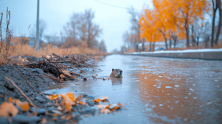 A beaver swims in a puddle in an autumn park.の写真素材